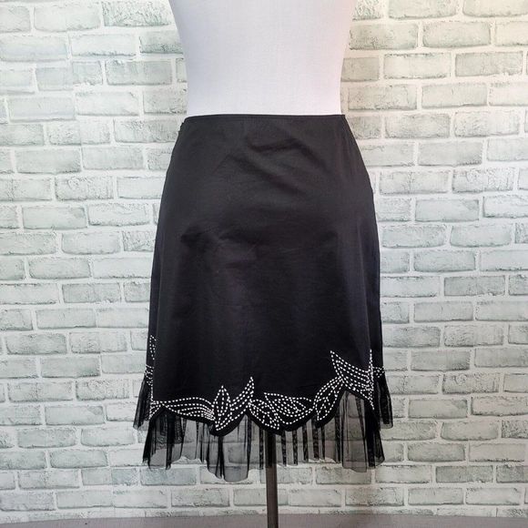 Vintage 90s Cache Womens 6 Black Skirt Beaded Sequin Floral Tulle Trim Aline - Picture 5 of 7